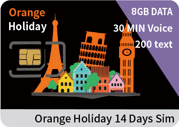 Europe Orange Holiday Zen-SIM card 8GB data+30 min intl' voice (Promotional 15GB)