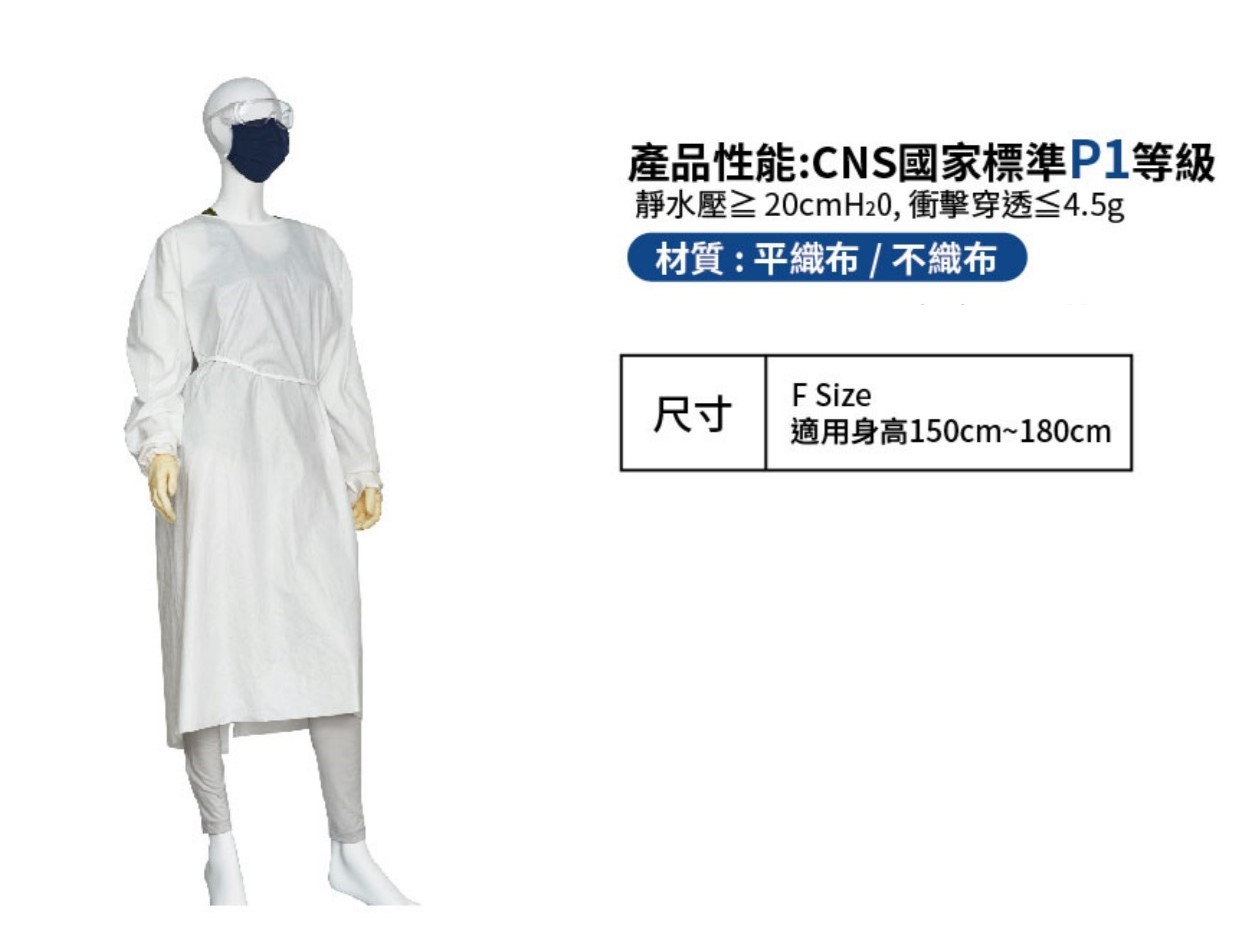 P1 -  防護衣 隔離衣 白色【醫用標準】